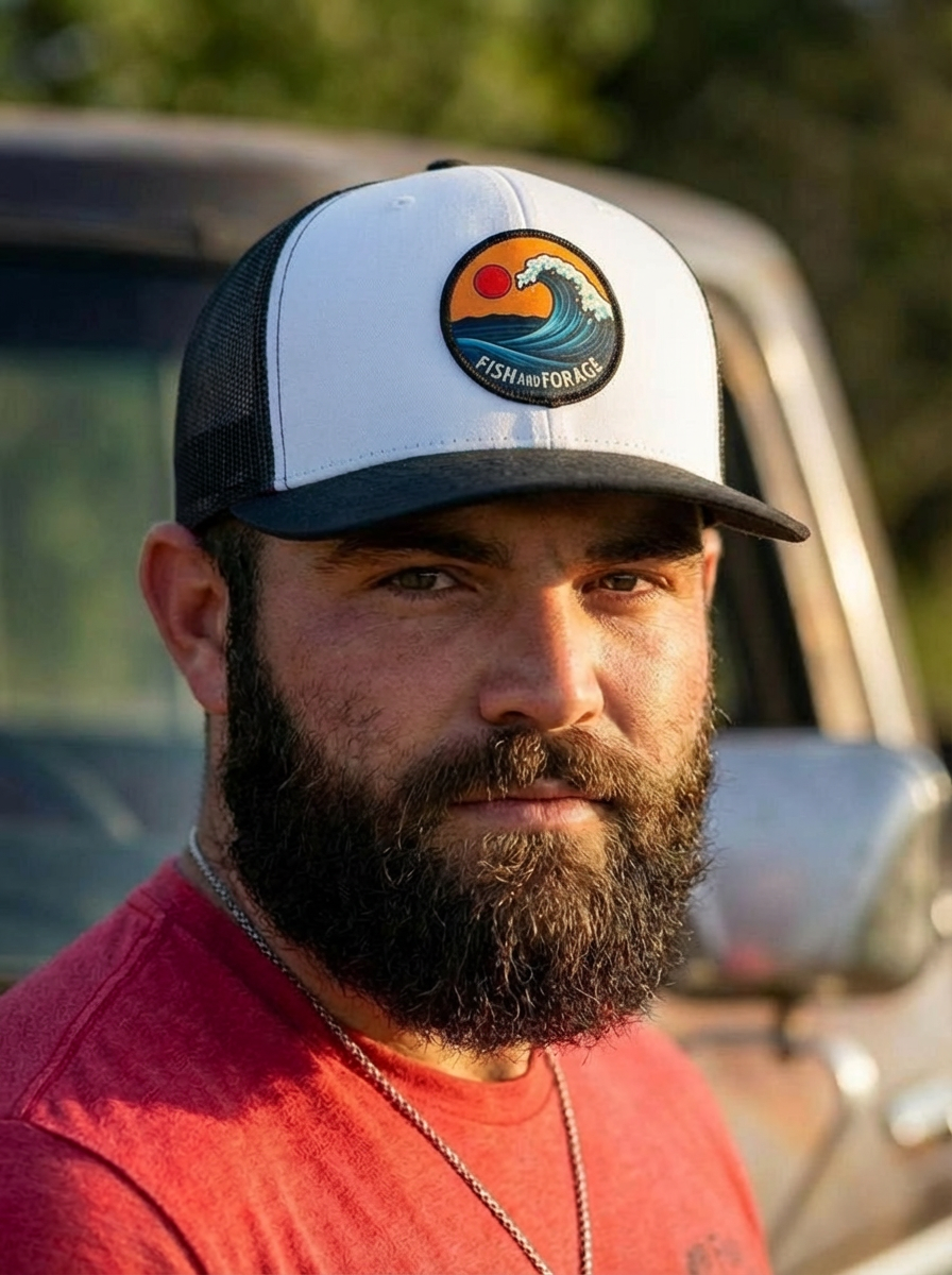 Fish and Forage Sunset Break Trucker Hat Black & White - Fishing & Outdoor Lifestyle Hat