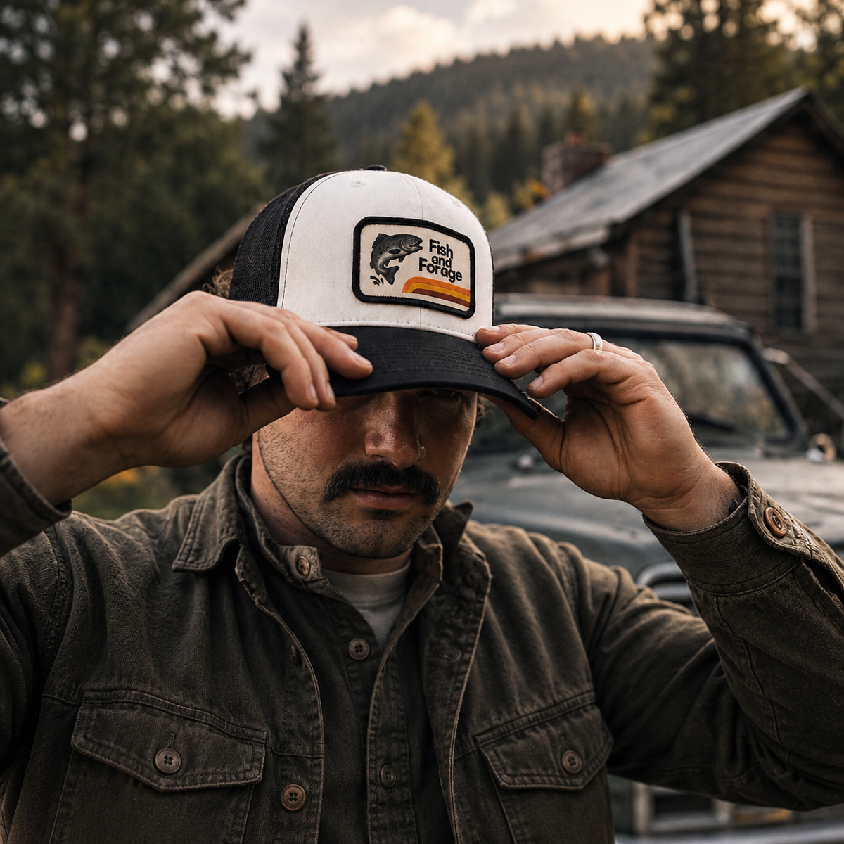 Fish and Forage 70s Lodge Hat | Black and White - Fishing & Outdoors Lifestyle Hat